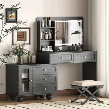 62in Makeup Vanity Set With Storage Shelves %26 LED Lights 7957