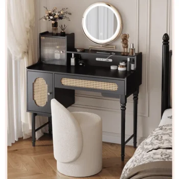 American Style Bedroom Makeup Vanity With Rattan Storage Cabinet 4874