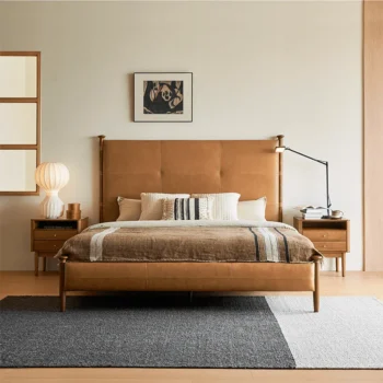 French Retro Bedroom Double Bed With Cowhide And Wood 5298