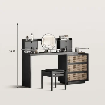 Mid Century Rattan Drawer Makeup Vanity With Round LED Mirror 8132