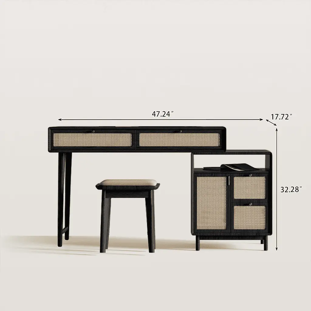 Mid Century Rattan Makeup Vanity With Stool %26 Side Cabinet 8352 Mid Century Rattan Makeup Vanity With Stool %26 Side Cabinet 8352