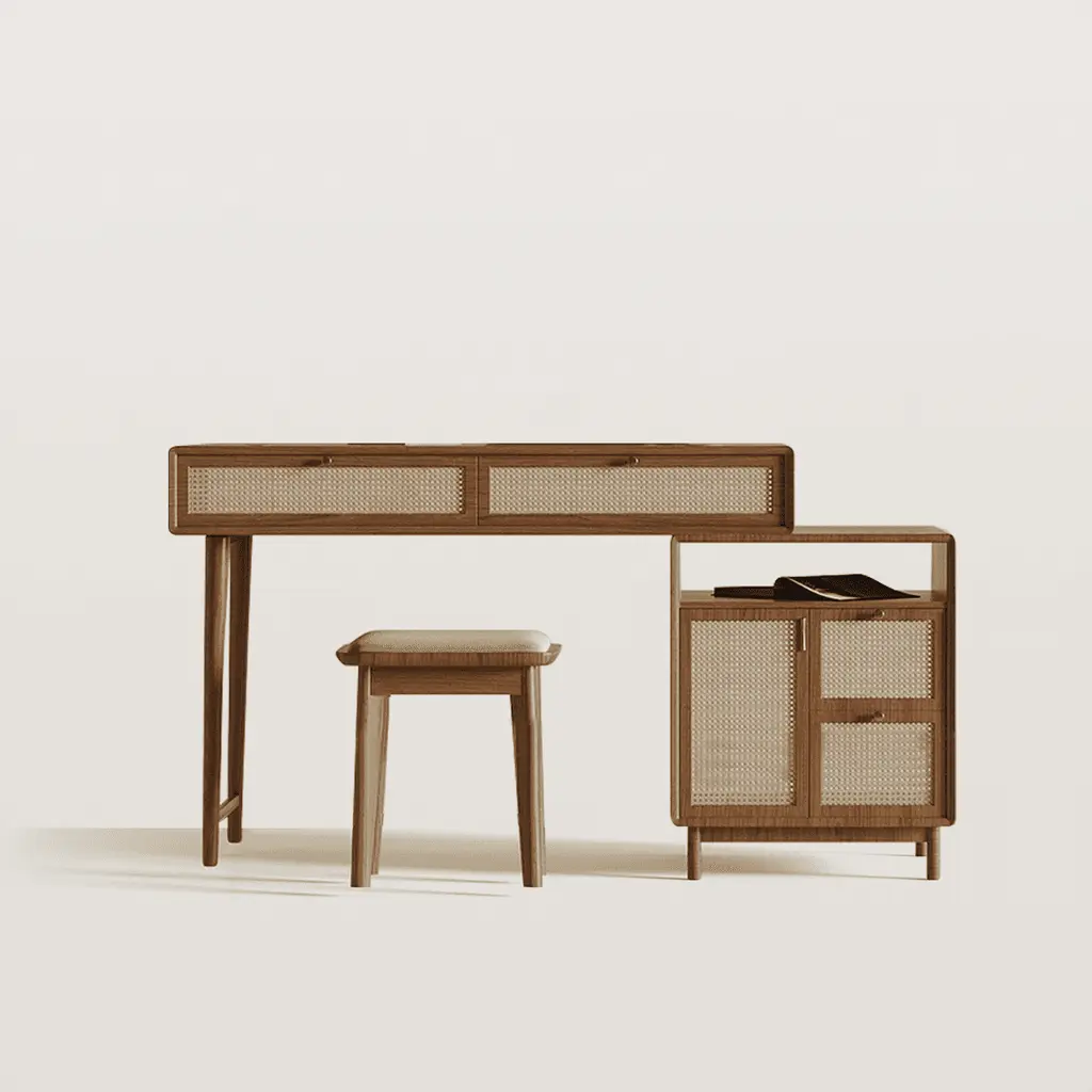 Mid Century Rattan Makeup Vanity With Stool %26 Side Cabinet 8766 Mid Century Rattan Makeup Vanity With Stool %26 Side Cabinet 8766