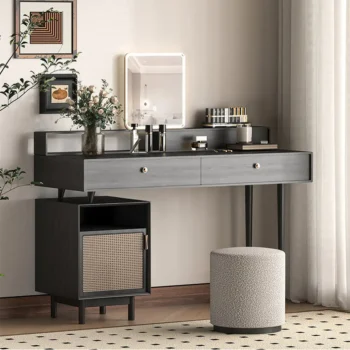 Mid Century LED Mirror Makeup Vanity Set With Rattan Side Cabinet 3931