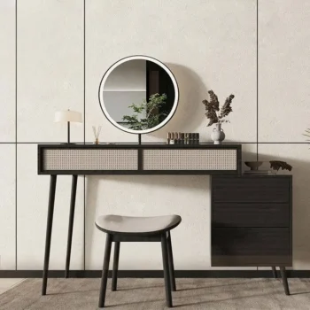 Rattan Makeup Vanity With Round Mirror And Storage Drawers 7646