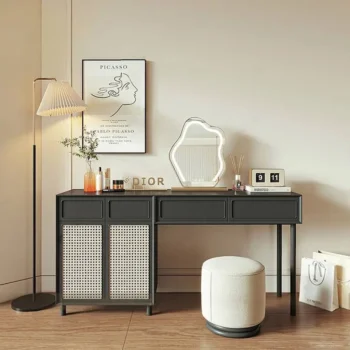 Rattan Vanity Desk With Wave Mirror And Storage Cabinet 9256