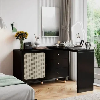 Stretchable Makeup Vanity With Integrated Rattan Cabinet 9481