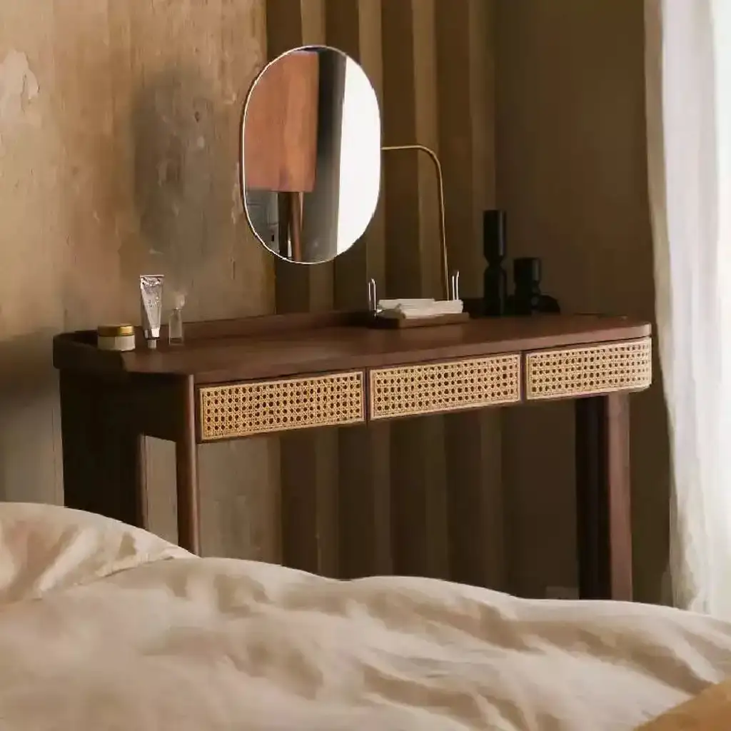 Walnut Makeup Vanity With Rattan Drawers And Mirror 6020 Walnut Makeup Vanity With Rattan Drawers And Mirror 6020