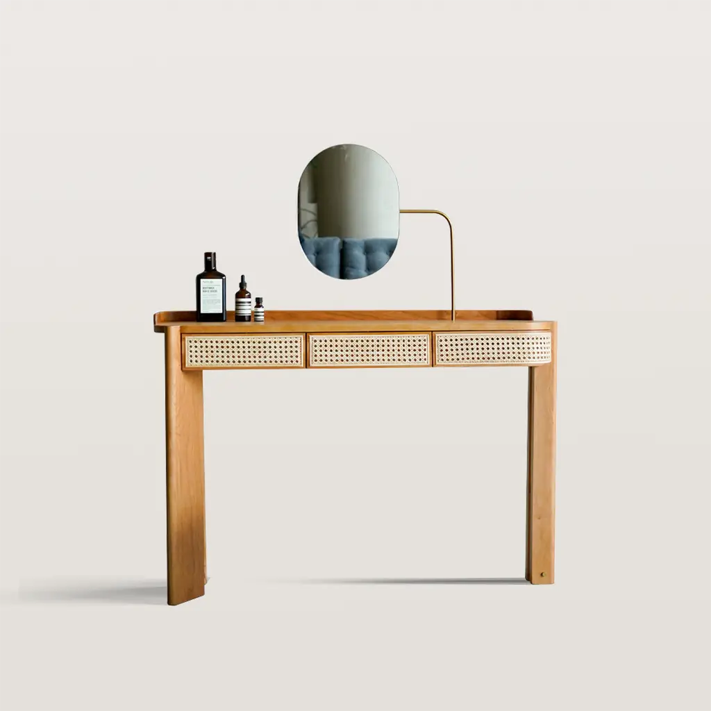 Walnut Makeup Vanity With Rattan Drawers And Mirror 6332 Walnut Makeup Vanity With Rattan Drawers And Mirror 6332